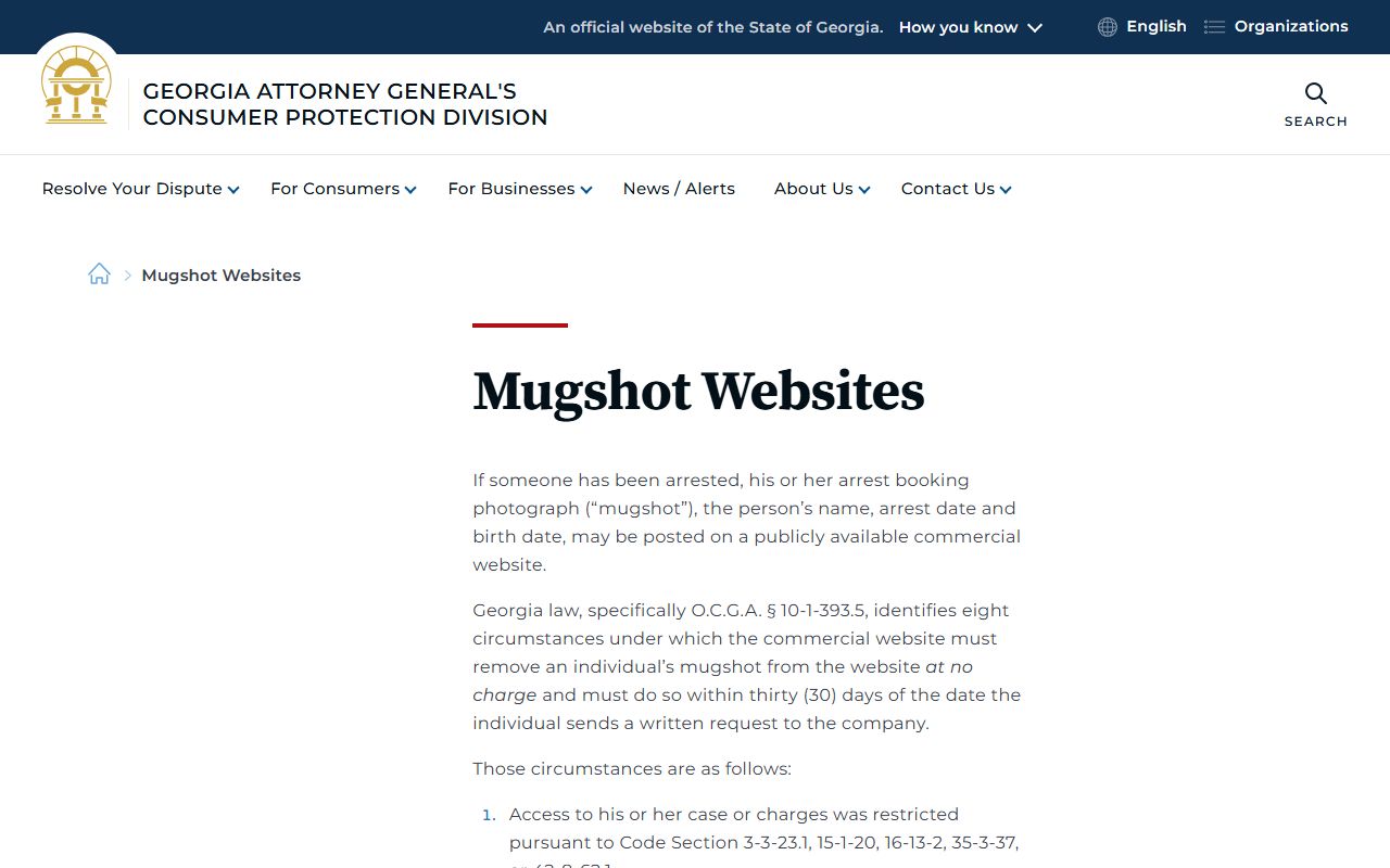 Georgia consumer protection mugshot removal law for Fannin County booking photos